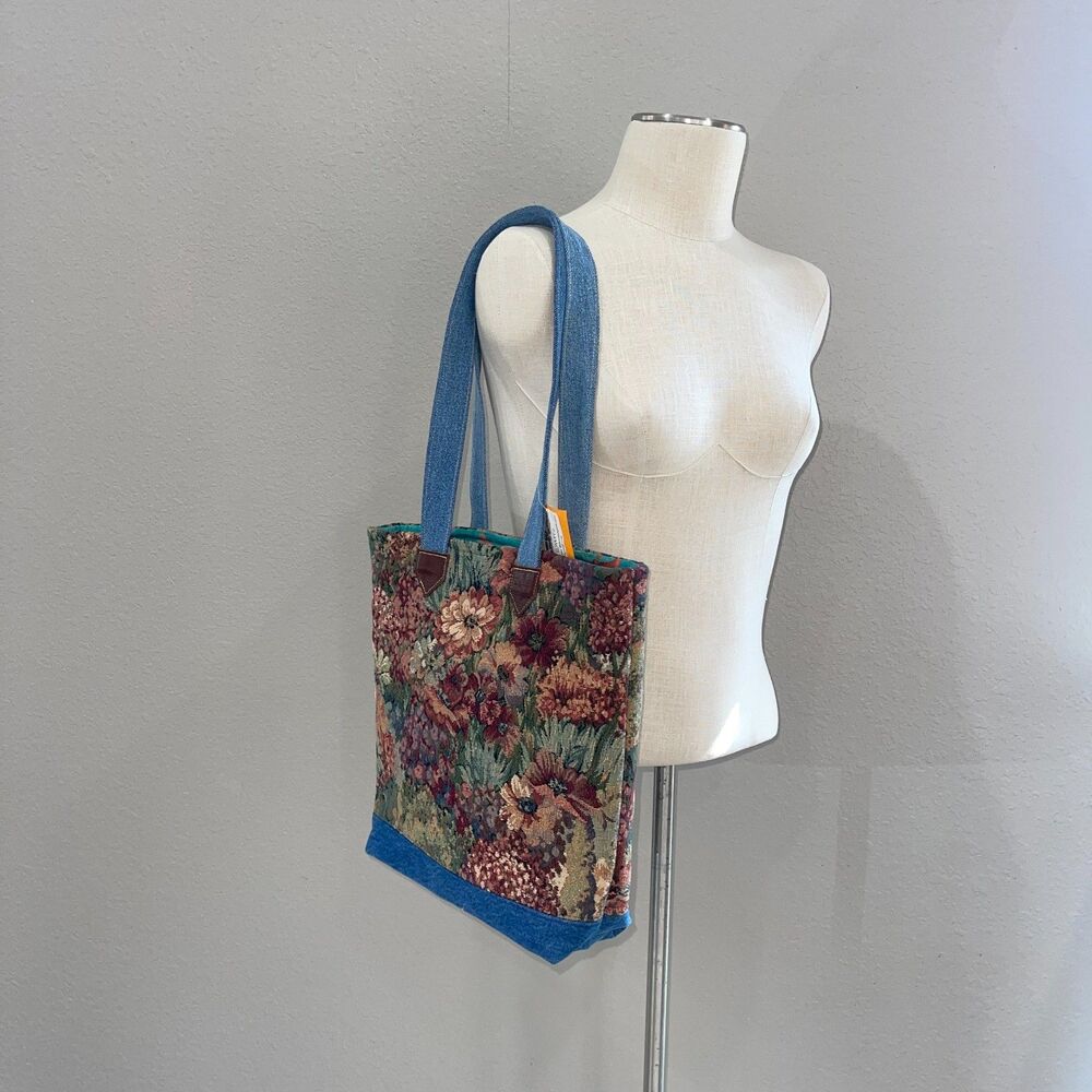 Handmade & Upcycled Denim and Floral Tapestry Tote Bag - Picture 2 of 8